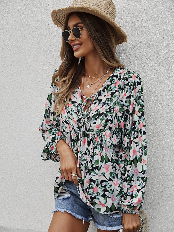 New style casual holiday style floral long-sleeved tie shirt top  kakaclo   