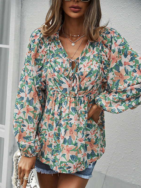 New style casual holiday style floral long-sleeved tie shirt top  kakaclo   