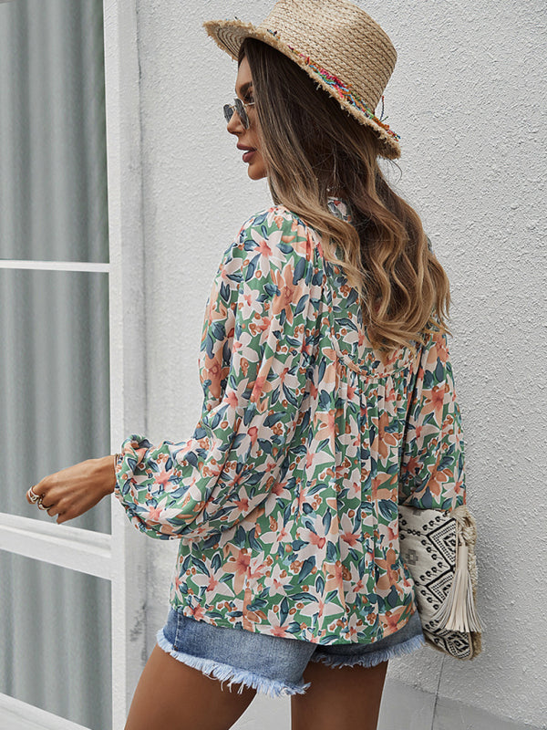 New style casual holiday style floral long-sleeved tie shirt top  kakaclo   