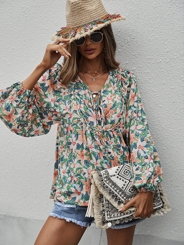 New style casual holiday style floral long-sleeved tie shirt top  kakaclo   