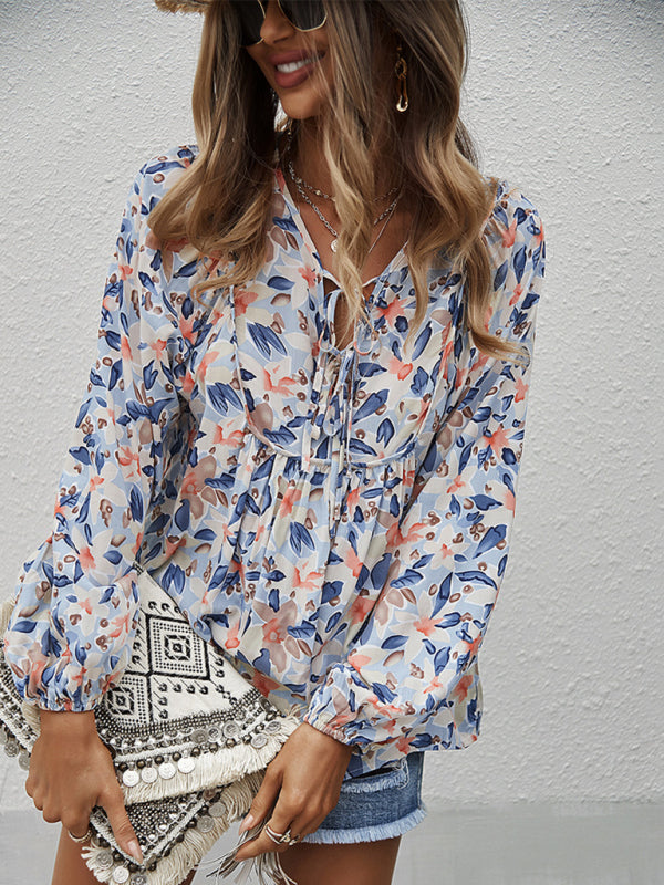 New style casual holiday style floral long-sleeved tie shirt top  kakaclo   