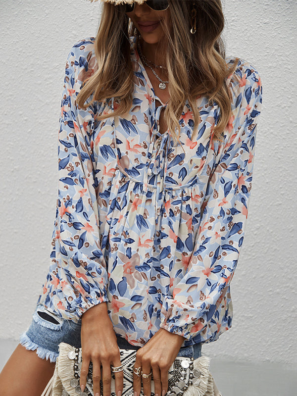 New style casual holiday style floral long-sleeved tie shirt top  kakaclo   