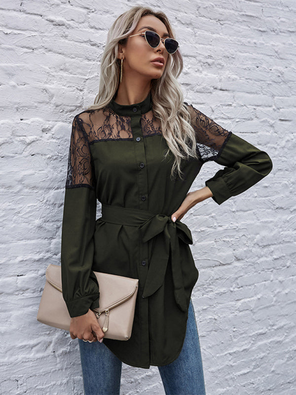 Long round neck, long sleeves and waisted black patchwork lace shirt  kakaclo Olive green S 