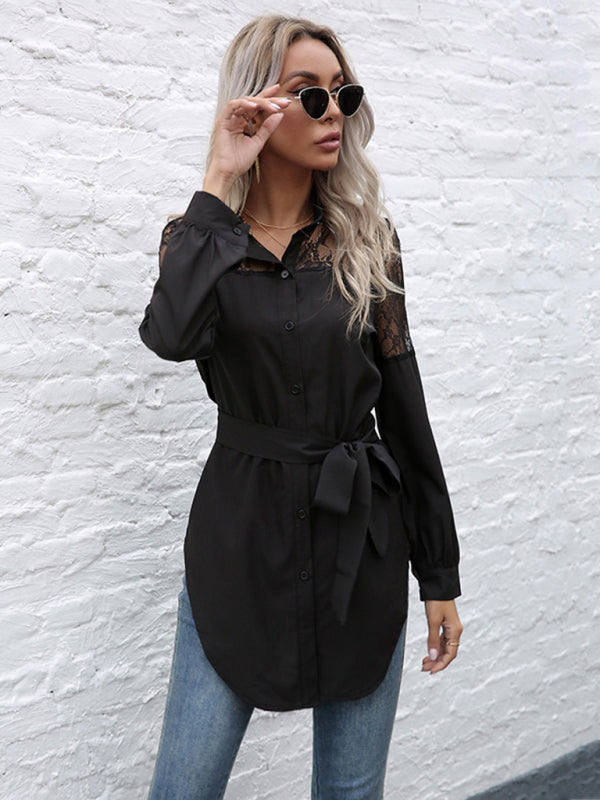 Long round neck, long sleeves and waisted black patchwork lace shirt  kakaclo   