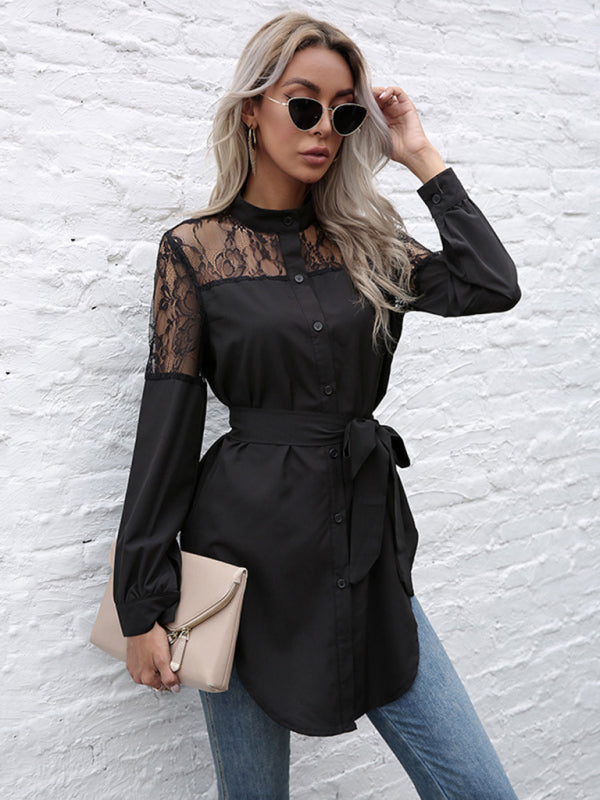 Long round neck, long sleeves and waisted black patchwork lace shirt  kakaclo Black S 