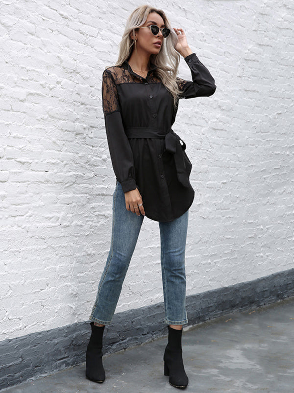 Long round neck, long sleeves and waisted black patchwork lace shirt  kakaclo   