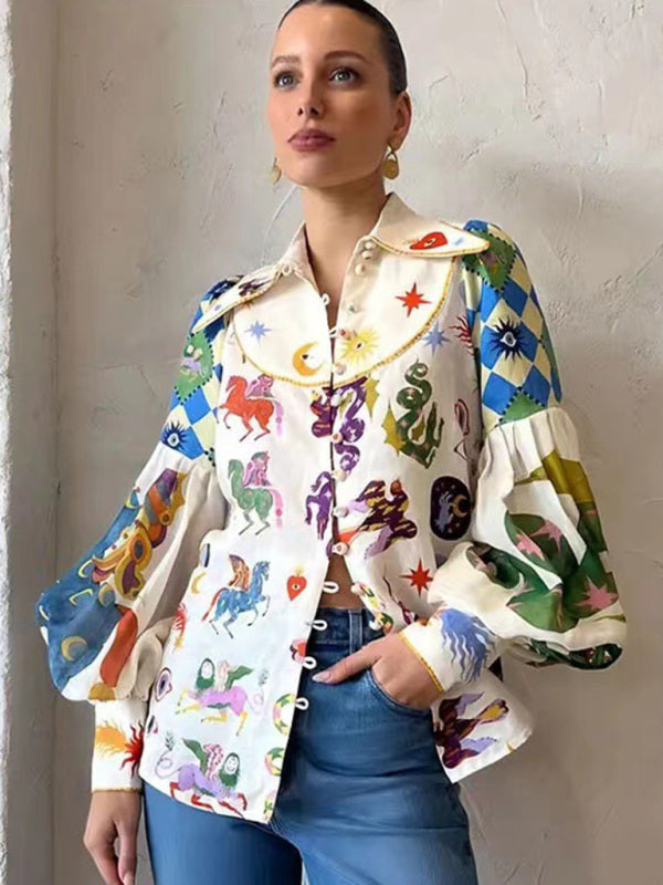 New style single-breasted lapel printed lantern sleeve long-sleeved shirt  kakaclo White S 