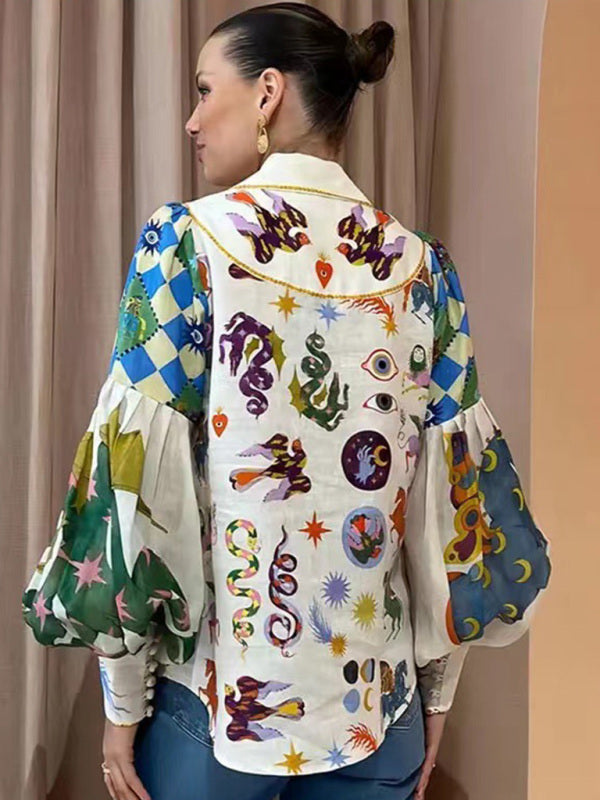 New style single-breasted lapel printed lantern sleeve long-sleeved shirt  kakaclo   