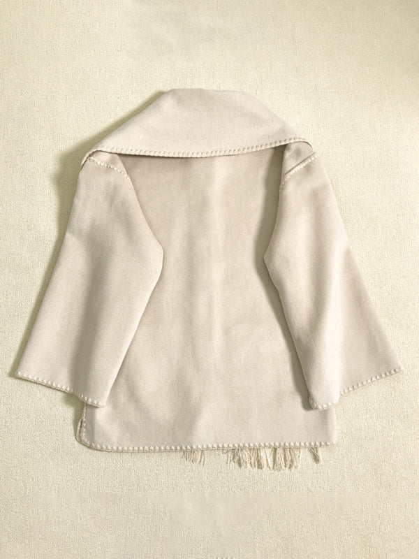 New wool blend coat fringed scarf collar loose woolen coat kakaclo