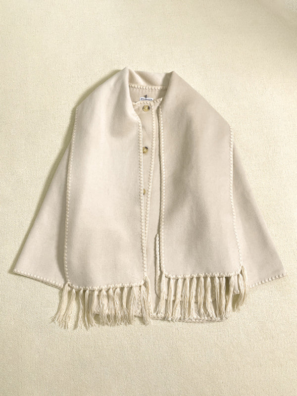 New wool blend coat fringed scarf collar loose woolen coat kakaclo Cream 34