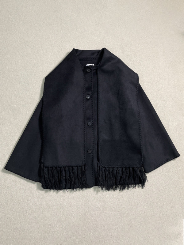 New wool blend coat fringed scarf collar loose woolen coat kakaclo