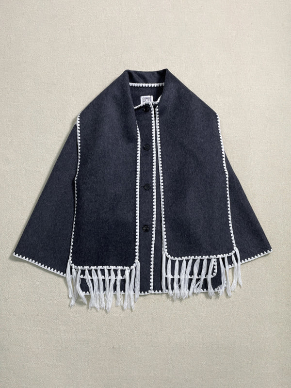 New wool blend coat fringed scarf collar loose woolen coat kakaclo