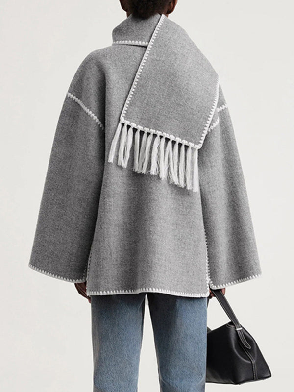 New wool blend coat fringed scarf collar loose woolen coat kakaclo