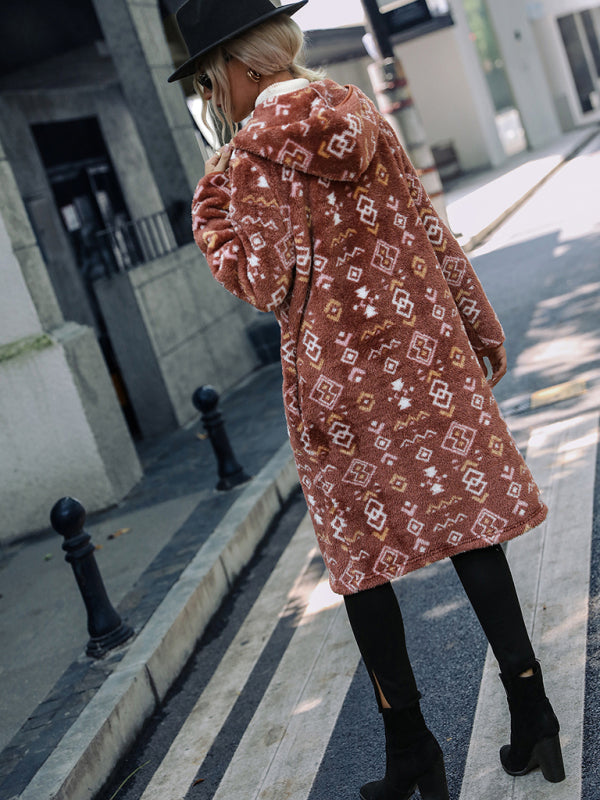 New women's hooded long-sleeved geometric print single-breasted extra-long regular plush jacket kakaclo