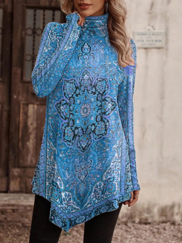 High collar bohemian print casual long sleeve T-shirt  kakaclo Pattern1 S 