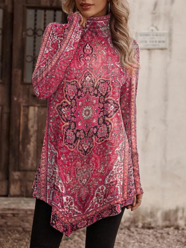 High collar bohemian print casual long sleeve T-shirt  kakaclo Pattern2 S 