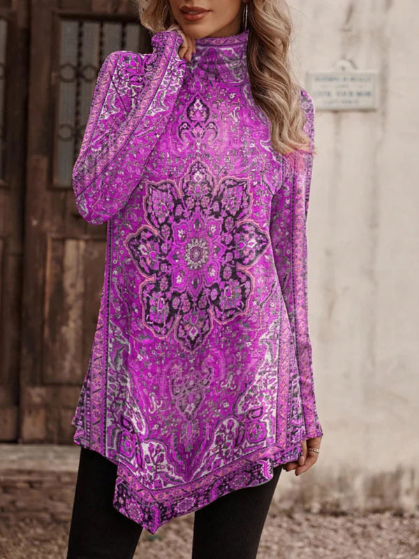 High collar bohemian print casual long sleeve T-shirt  kakaclo Pattern3 S 