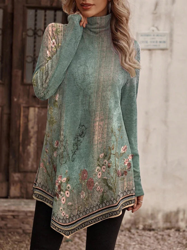 High collar bohemian print casual long sleeve T-shirt  kakaclo Pattern4 S 