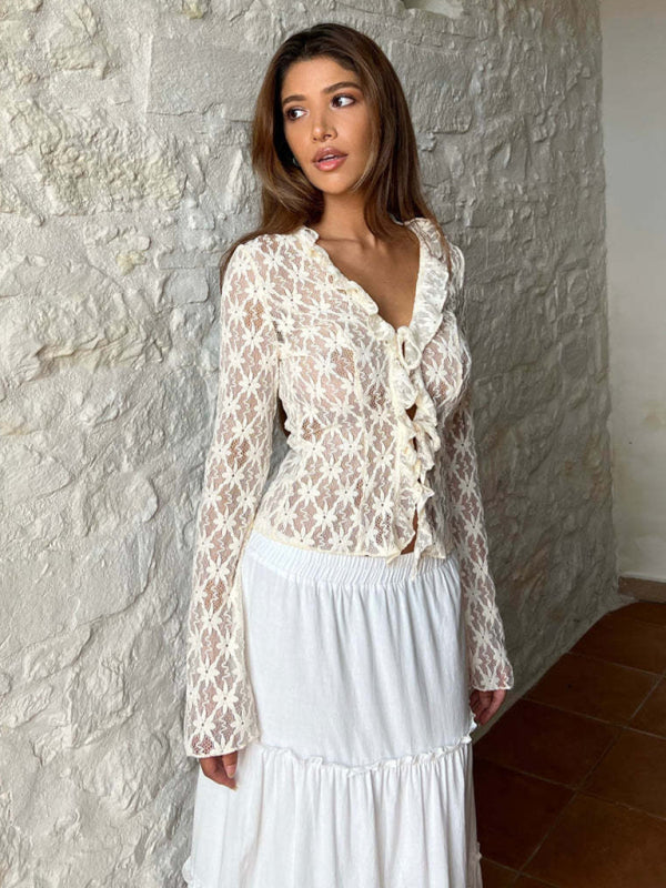 New women's fashionable slim solid color mesh hollow see-through lace long-sleeved cardigan  kakaclo White S 