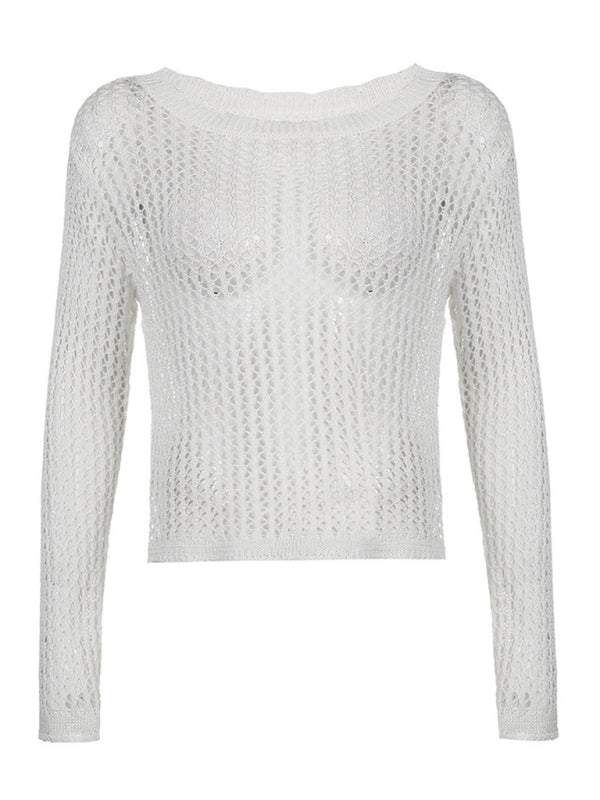 Women's loose see-through mesh long-sleeved knitted top  kakaclo   