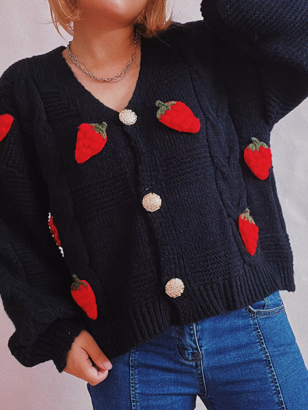 The Ariella  Strawberry Embroidered Cardigan jackets kakaclo Black S 