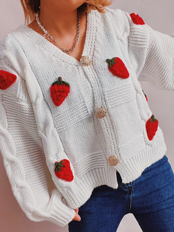 The Ariella  Strawberry Embroidered Cardigan jackets kakaclo White S 