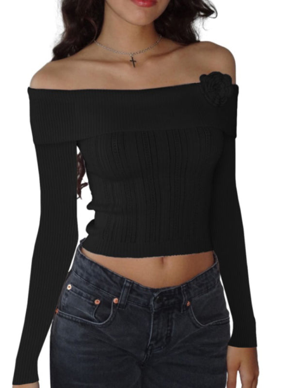 Sexy one-shoulder three-dimensional floral long-sleeved knitted top  kakaclo Black S 