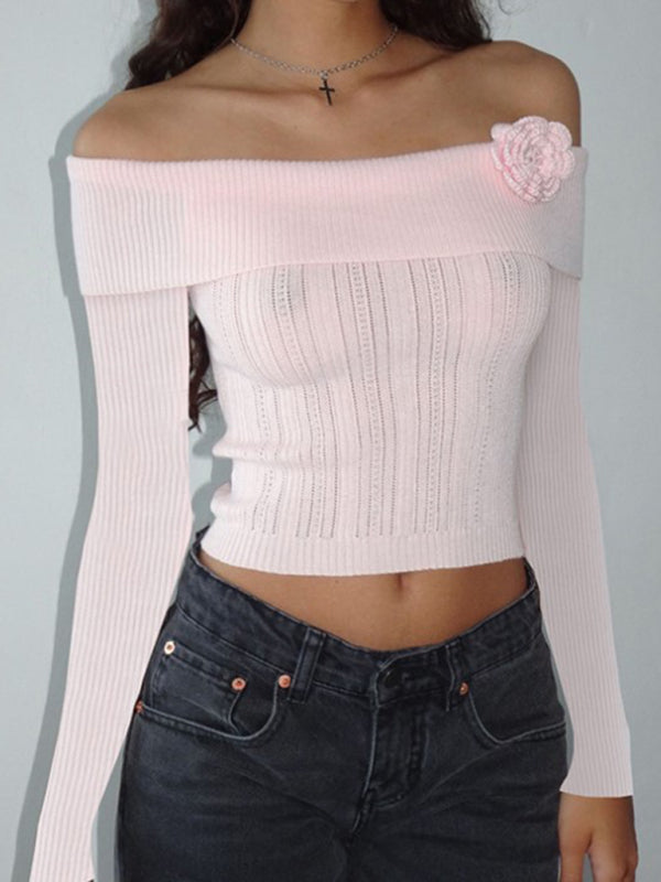 Sexy one-shoulder three-dimensional floral long-sleeved knitted top  kakaclo Pink S 