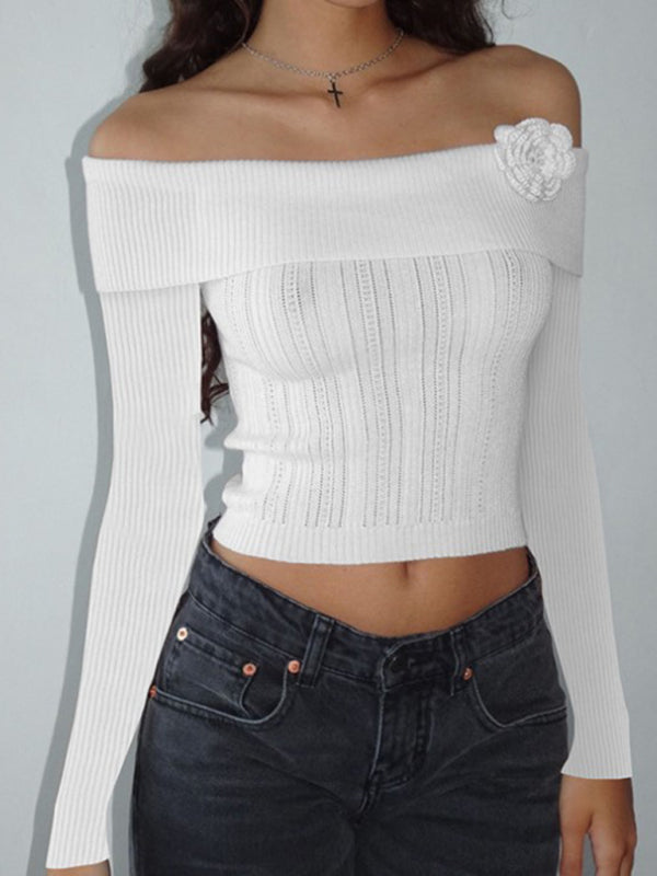 Sexy one-shoulder three-dimensional floral long-sleeved knitted top  kakaclo White S 