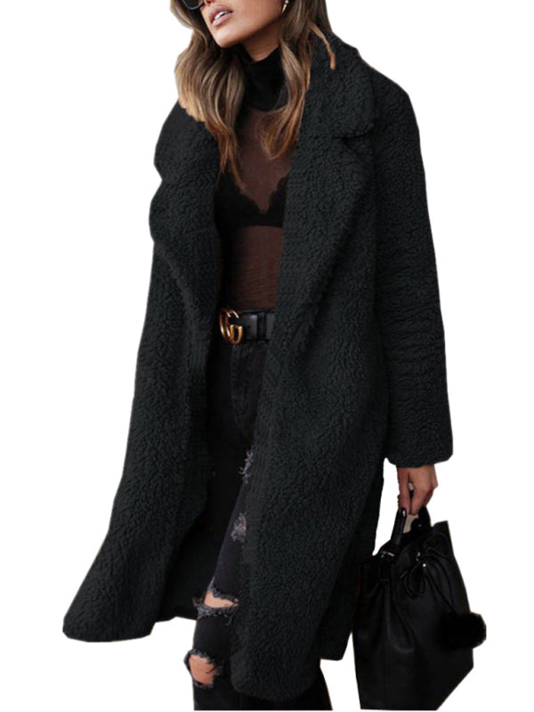 Women's loose long sleeve lapel plush jacket kakaclo Black S