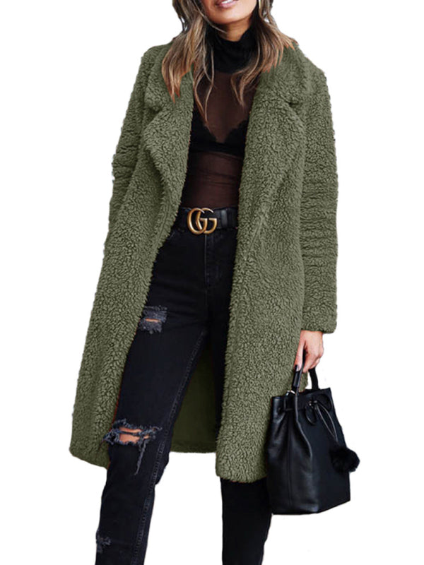 Women's loose long sleeve lapel plush jacket kakaclo Green S