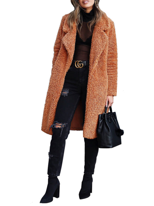 Women's loose long sleeve lapel plush jacket kakaclo