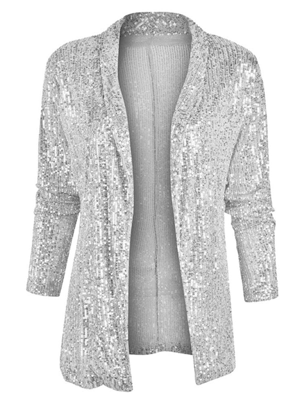 Women's sequined long-sleeved mid-length lapel blazer kakaclo