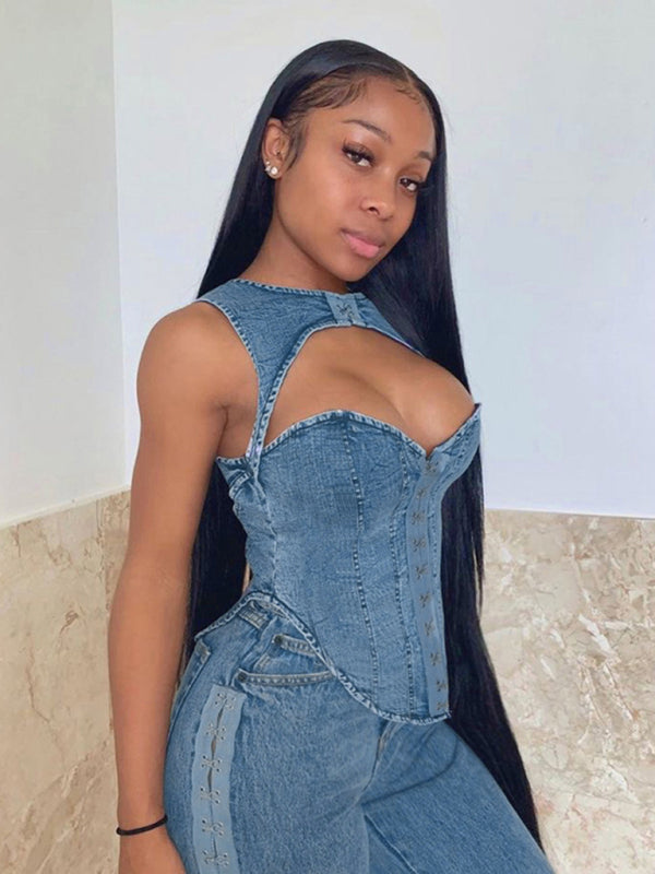 Women's slim fit hollow sexy denim vest  kakaclo   