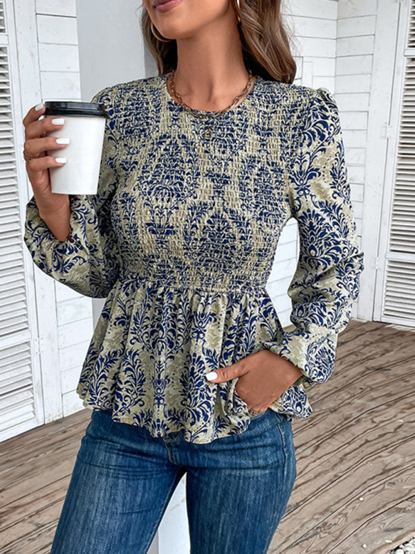 Ladies New Round Neck Elegant Slim Long Sleeve Print  kakaclo Blue S 