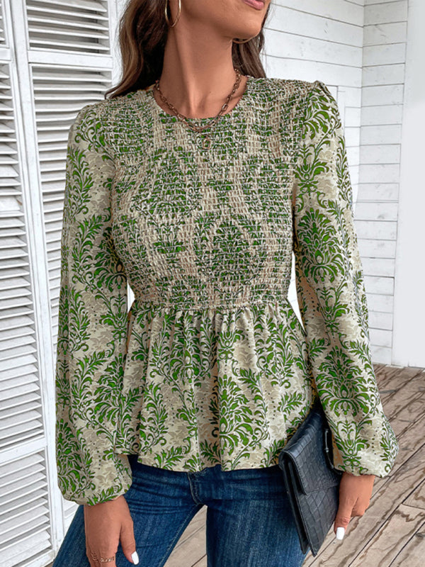 Ladies New Round Neck Elegant Slim Long Sleeve Print  kakaclo Green S 