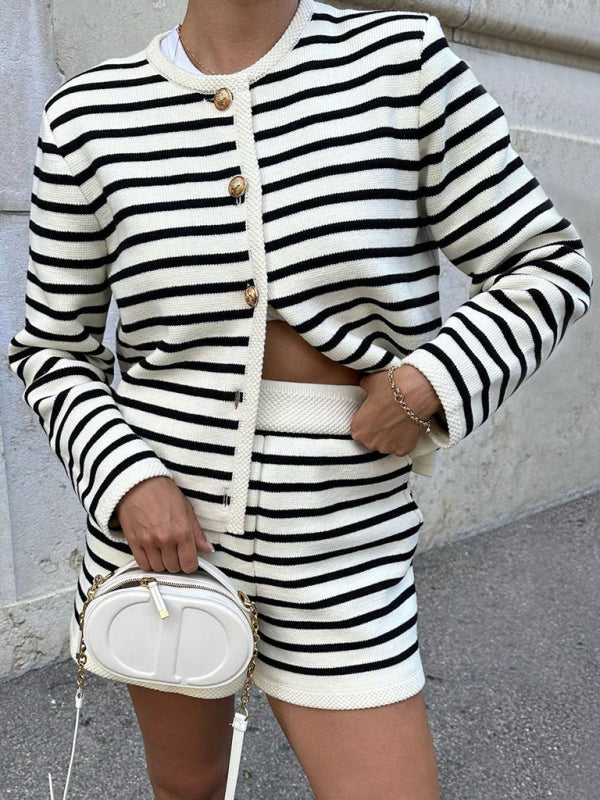 Women's Striped Simple Cardigan Shorts Two-Piece Suit two-piece set kakaclo White S 