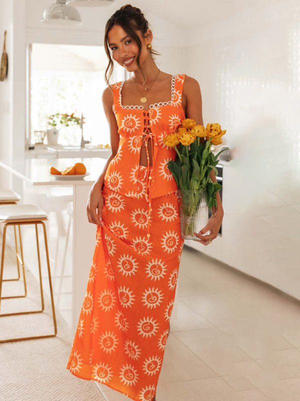 Orange Spliced Square Neck Top Printed Long Skirt Suit clothing kakaclo Orange S 