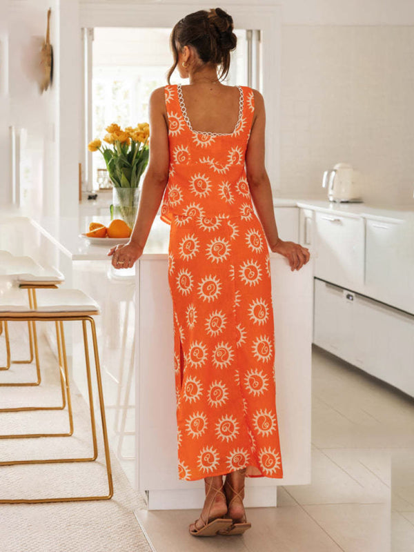 Orange Spliced Square Neck Top Printed Long Skirt Suit clothing kakaclo   