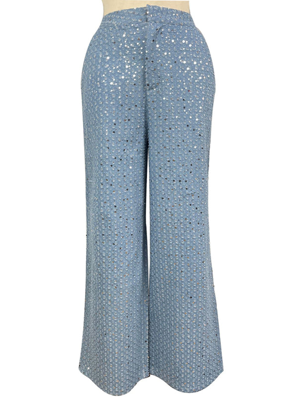 Women's Casual Sequined Denim Straight Pants kakaclo Blue S