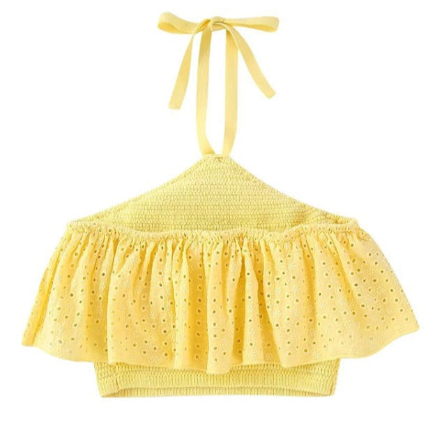 New Halterneck Layered Design Embroidered Hollow Short Top  kakaclo Yellow S 