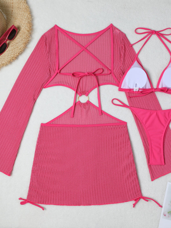 New mesh hollow drawstring swimsuit swimsuit bikini three-piece set kakaclo