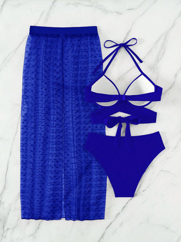 Solid color bikini sexy mesh skirt three-piece set  kakaclo   