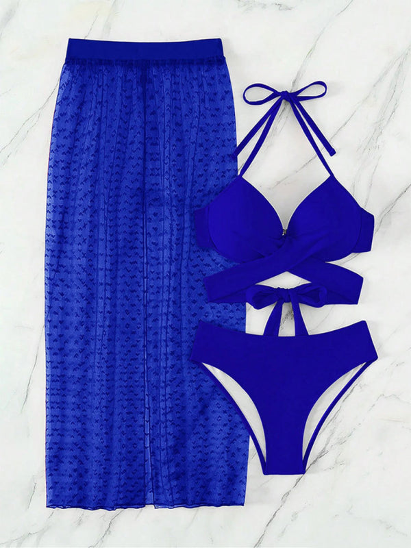 Solid color bikini sexy mesh skirt three-piece set  kakaclo   