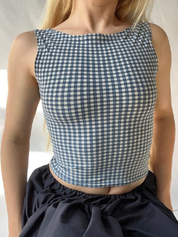 New Hottie Houndstooth Bow Strap Slim Top clothing kakaclo Blue S 