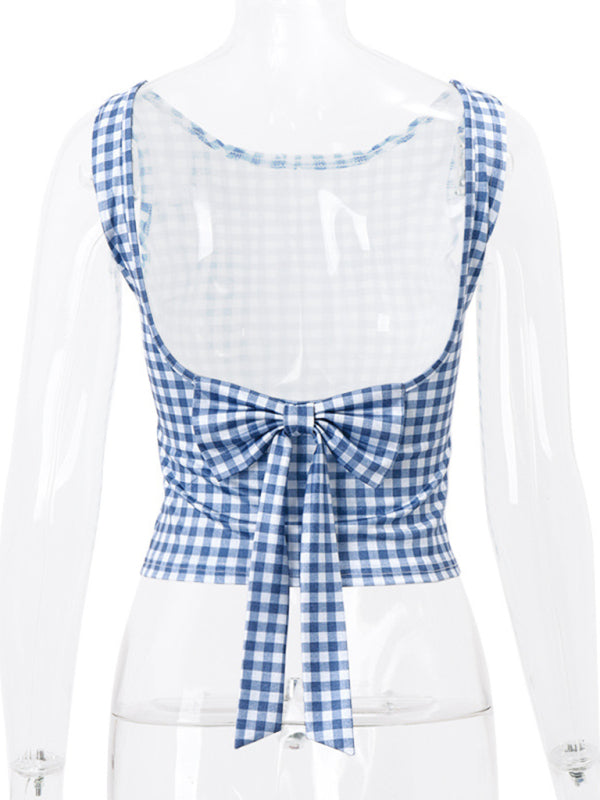 New Hottie Houndstooth Bow Strap Slim Top clothing kakaclo   