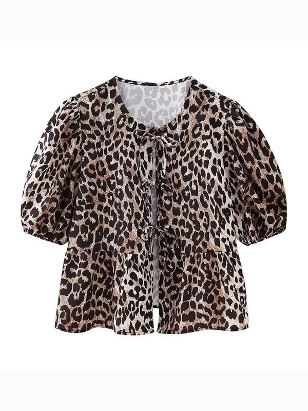 Fashionable, casual and versatile multi-color puff sleeve lace-up top  kakaclo Leopard XS 