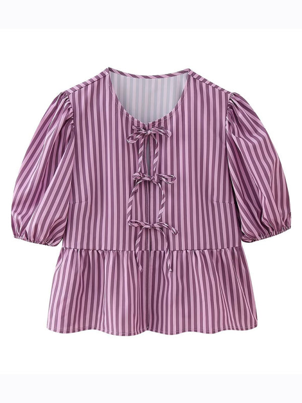 Fashionable, casual and versatile multi-color puff sleeve lace-up top  kakaclo Purple XS 