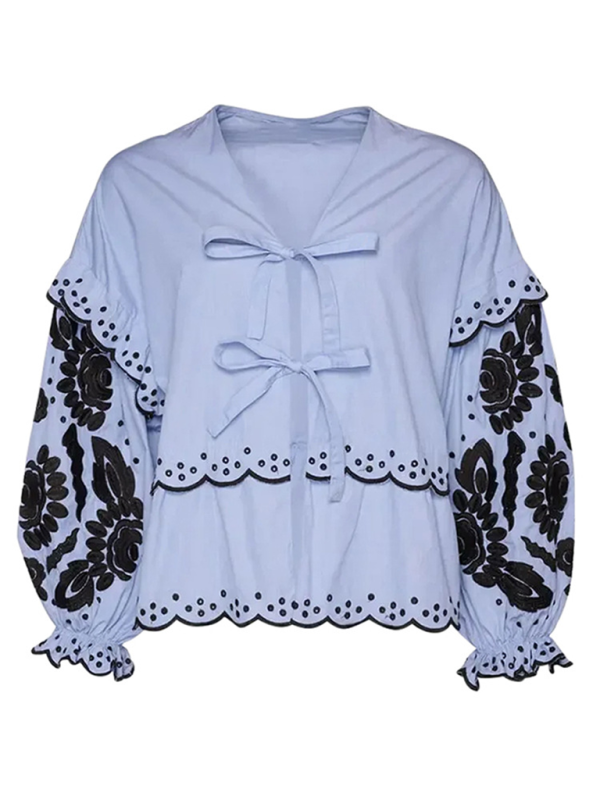 New fashionable casual V-neck lace-up lantern sleeve shirt  kakaclo   