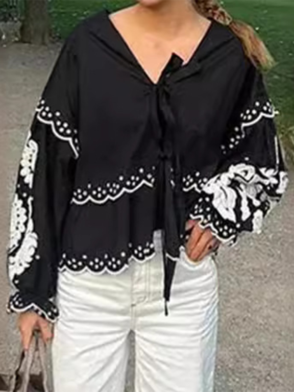 New fashionable casual V-neck lace-up lantern sleeve shirt  kakaclo Black S 